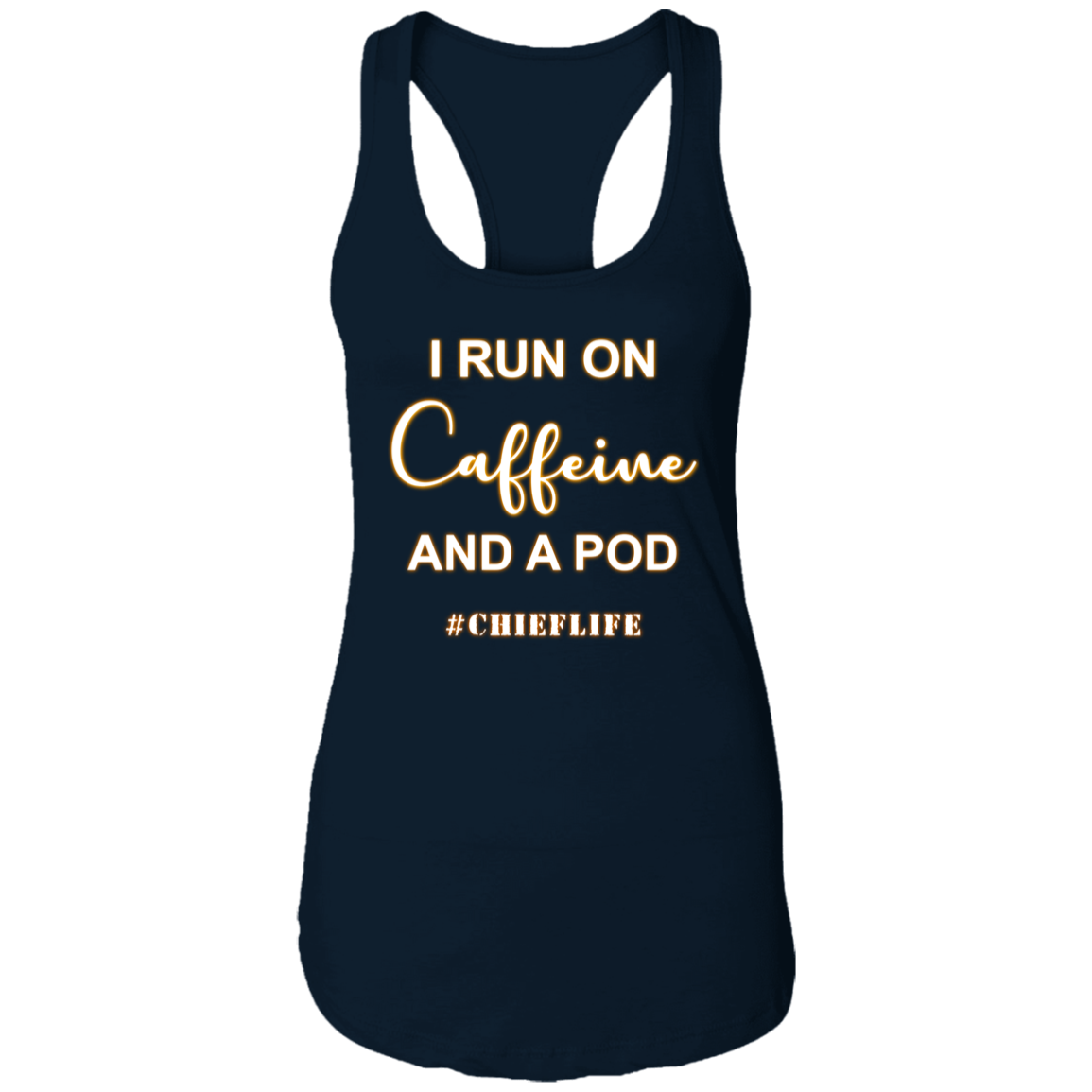 I Run On Caffeine White Design Ladies Racerback Tank