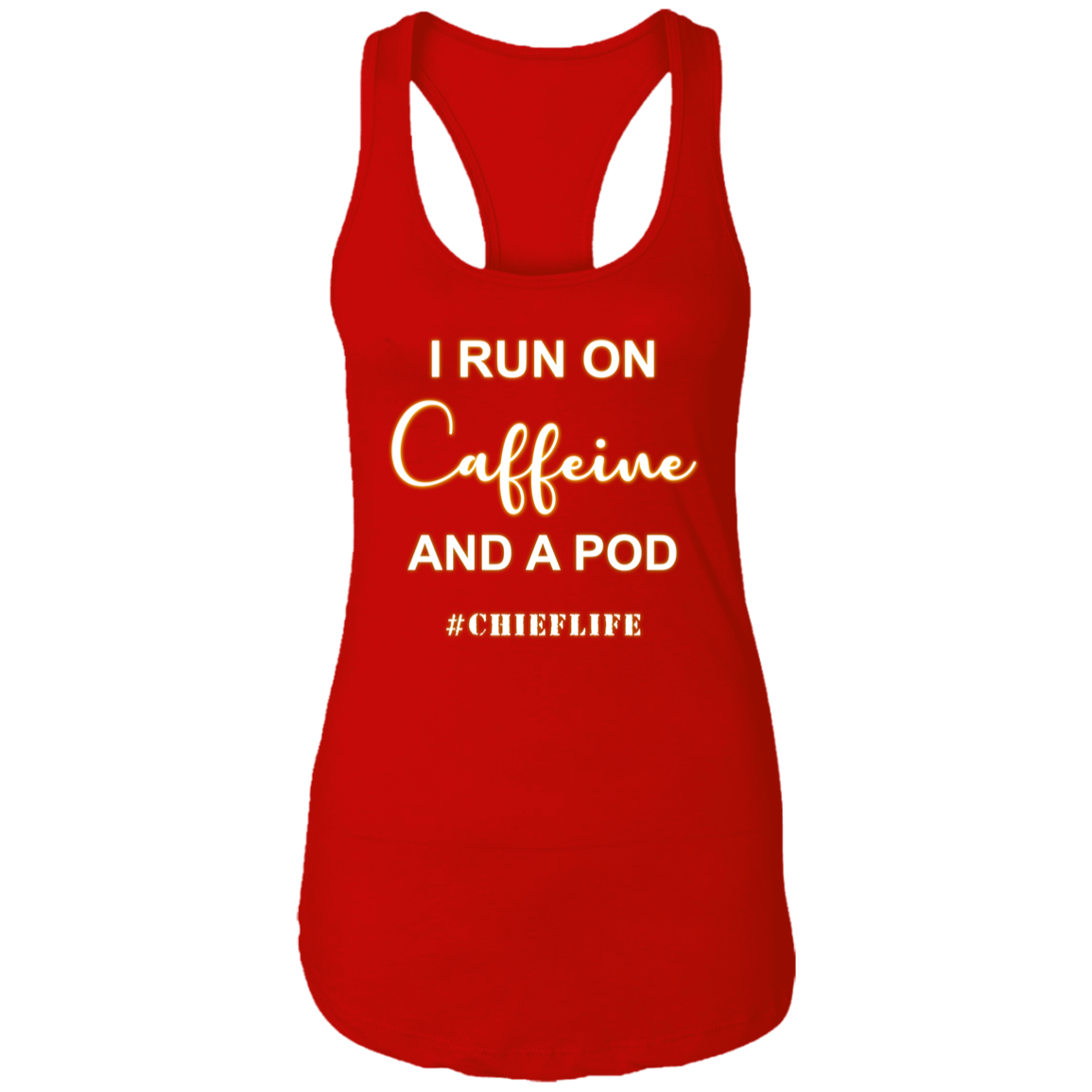 I Run On Caffeine White Design Ladies Racerback Tank